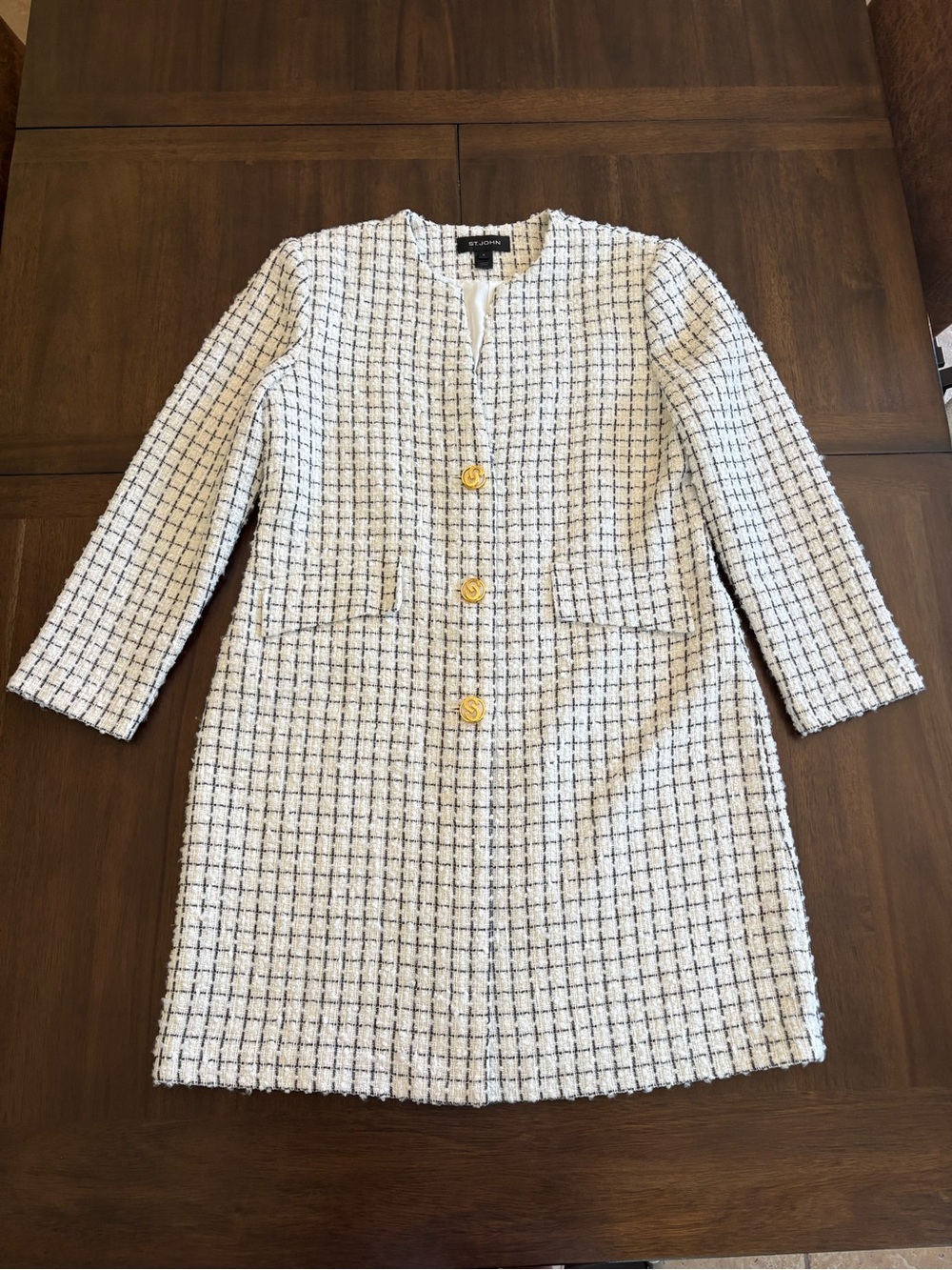 St. John Cream Tweed Coat with Black Grid and Gold Buttons